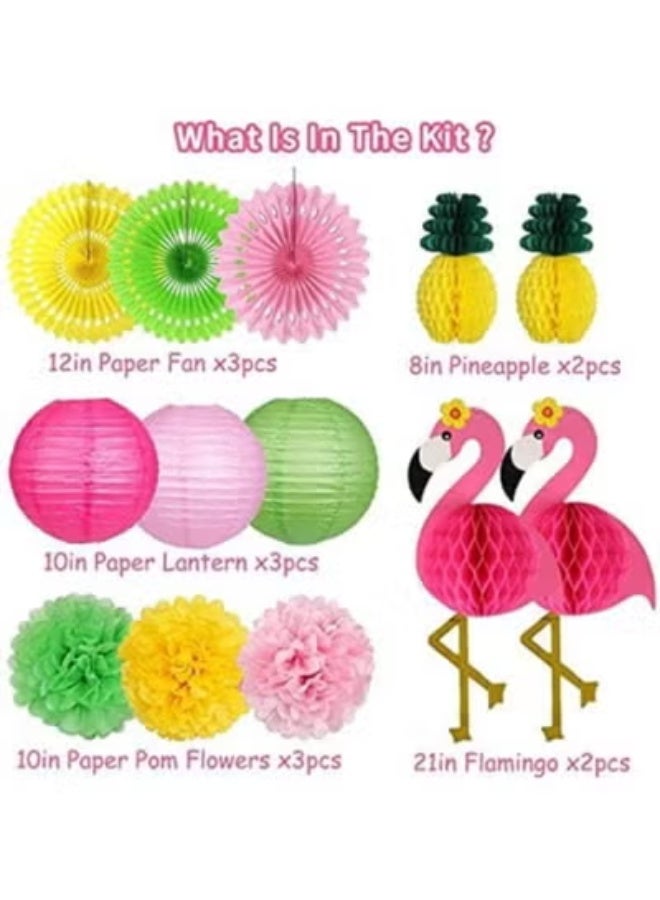 fantasize 13 PCS Hawaiian Style Pink Flamingo Paper Lamp Set Flowers Flamingo Paper Cuttings Fet Handmade Flamingo Wallpaper Painting for Wedding,Birthday,Baby's First Birthday Party Decoration - Image 4